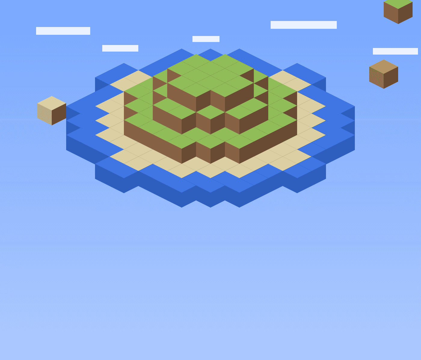 A blocky world of grass, sand and water under an open sky